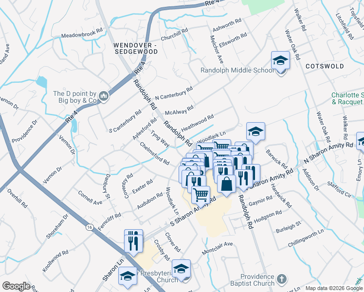 map of restaurants, bars, coffee shops, grocery stores, and more near 4204 Randolph Road in Charlotte
