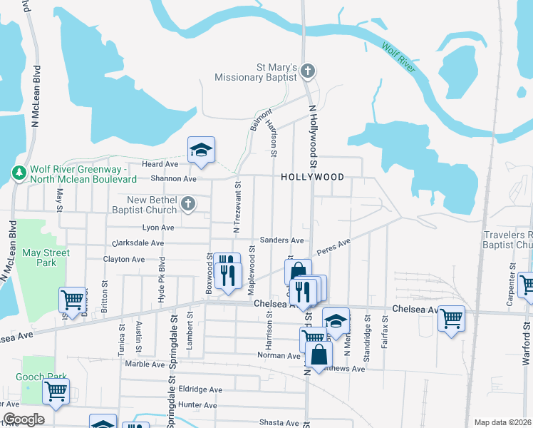 map of restaurants, bars, coffee shops, grocery stores, and more near 1590 Harrison Street in Memphis