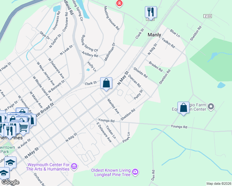 map of restaurants, bars, coffee shops, grocery stores, and more near 125 Pinebranch Court in Southern Pines