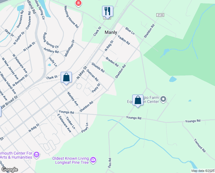 map of restaurants, bars, coffee shops, grocery stores, and more near 460 Sheldon Road in Southern Pines