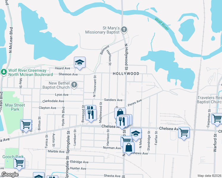 map of restaurants, bars, coffee shops, grocery stores, and more near 1590 Harrison Street in Memphis