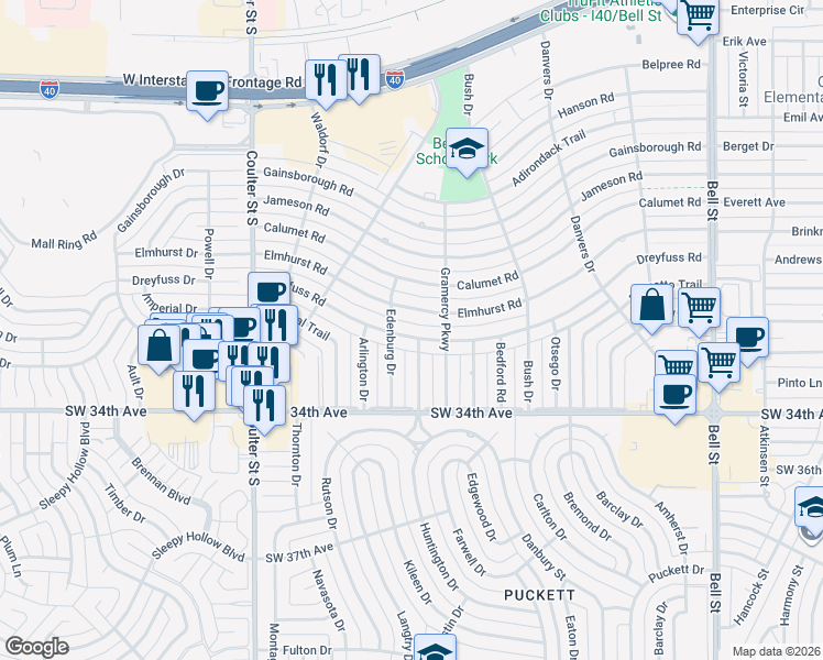 map of restaurants, bars, coffee shops, grocery stores, and more near 6800 Dreyfuss Road in Amarillo