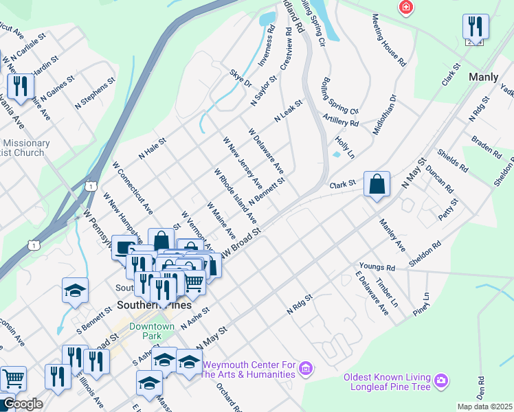 map of restaurants, bars, coffee shops, grocery stores, and more near 635 North Bennett Street in Southern Pines