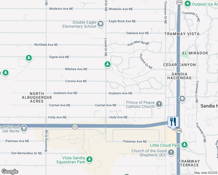 map of restaurants, bars, coffee shops, grocery stores, and more near 11930 Coral Dawn Road in Albuquerque