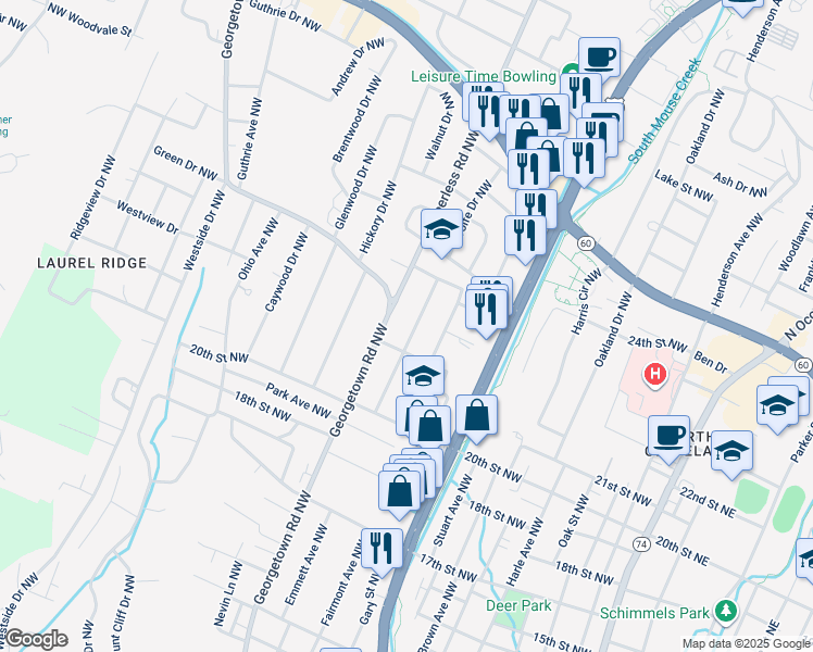 map of restaurants, bars, coffee shops, grocery stores, and more near 2107 Eugenia Avenue Northwest in Cleveland