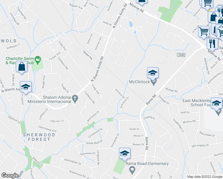 map of restaurants, bars, coffee shops, grocery stores, and more near 1443 Worcaster Place in Charlotte
