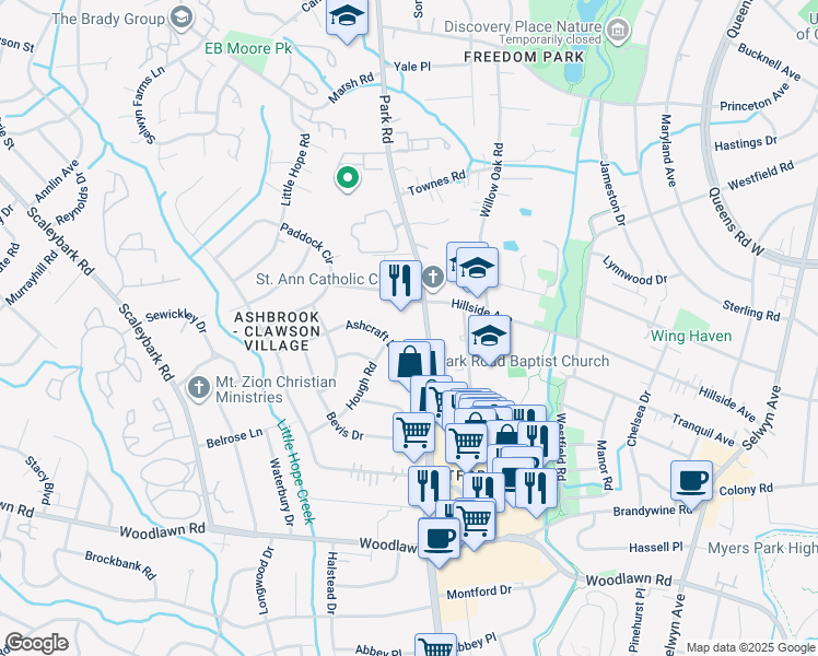 map of restaurants, bars, coffee shops, grocery stores, and more near in Charlotte
