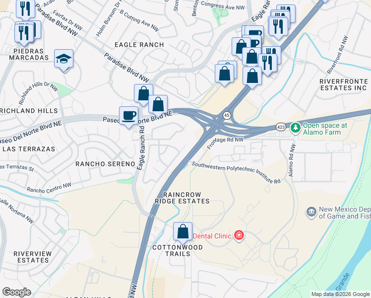 map of restaurants, bars, coffee shops, grocery stores, and more near 8344 Bluffs Edge Place Northwest in Albuquerque