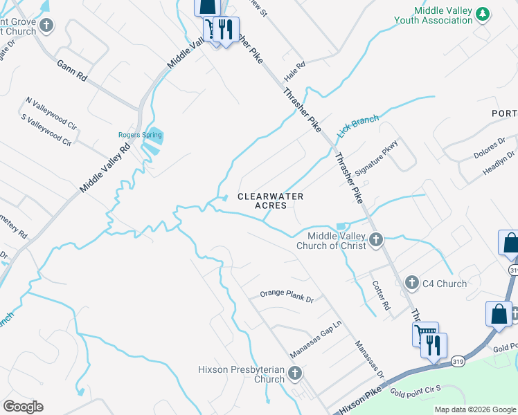 map of restaurants, bars, coffee shops, grocery stores, and more near 1196 Jackson Mill Drive in Middle Valley