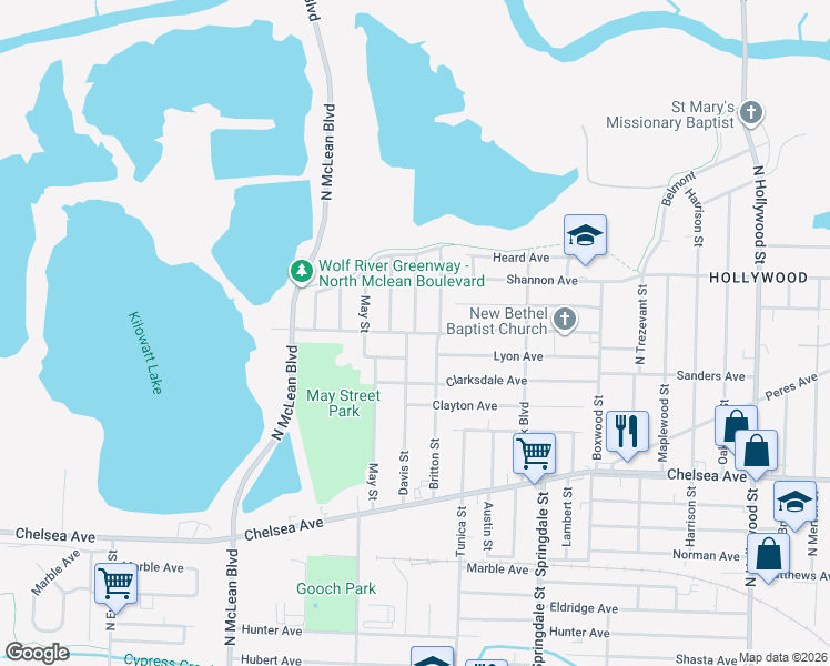 map of restaurants, bars, coffee shops, grocery stores, and more near 2053 Nedra Avenue in Memphis