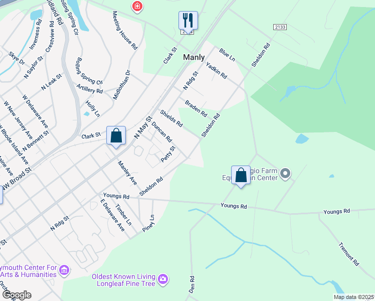map of restaurants, bars, coffee shops, grocery stores, and more near 460 Sheldon Road in Southern Pines