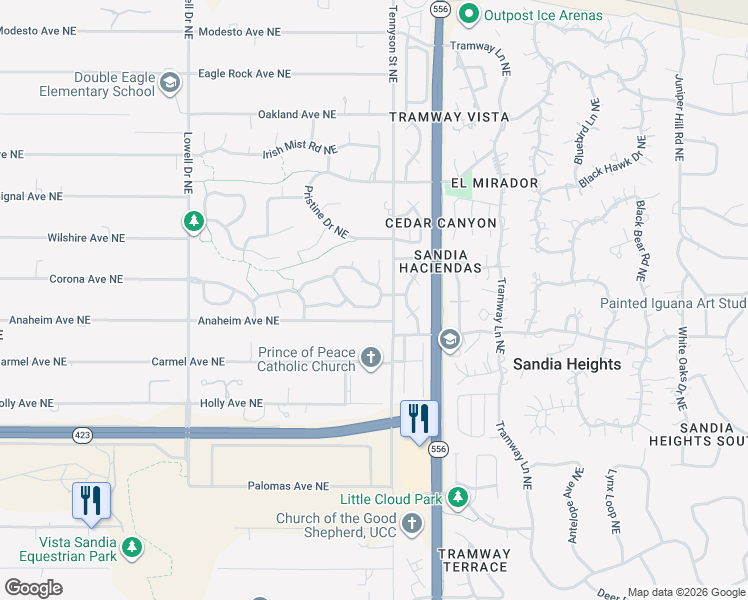 map of restaurants, bars, coffee shops, grocery stores, and more near 7300 New Dawn Court Northeast in Albuquerque