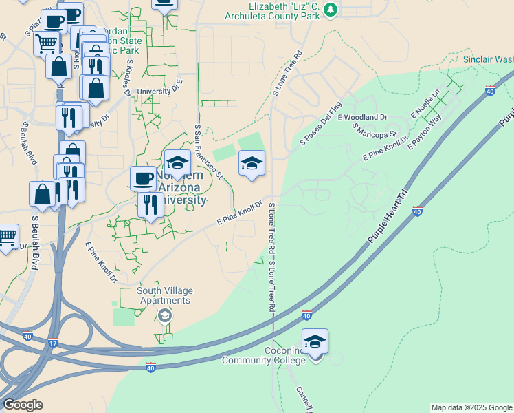 map of restaurants, bars, coffee shops, grocery stores, and more near East Pine Knoll Drive in Flagstaff