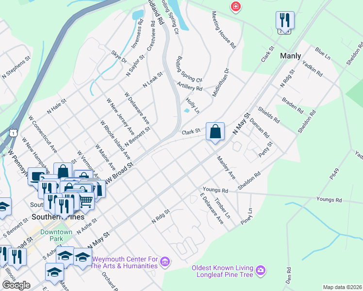 map of restaurants, bars, coffee shops, grocery stores, and more near 880 North Ashe Street in Southern Pines