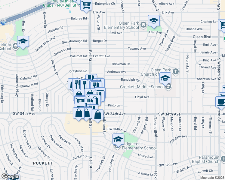 map of restaurants, bars, coffee shops, grocery stores, and more near 5514 Alvarado Road in Amarillo