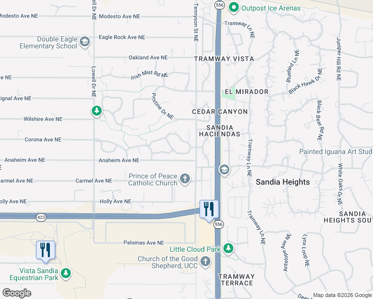 map of restaurants, bars, coffee shops, grocery stores, and more near 7300 New Dawn Court Northeast in Albuquerque