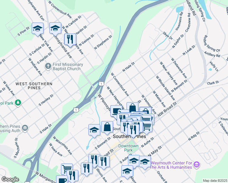 map of restaurants, bars, coffee shops, grocery stores, and more near 551 West New Hampshire Avenue in Southern Pines