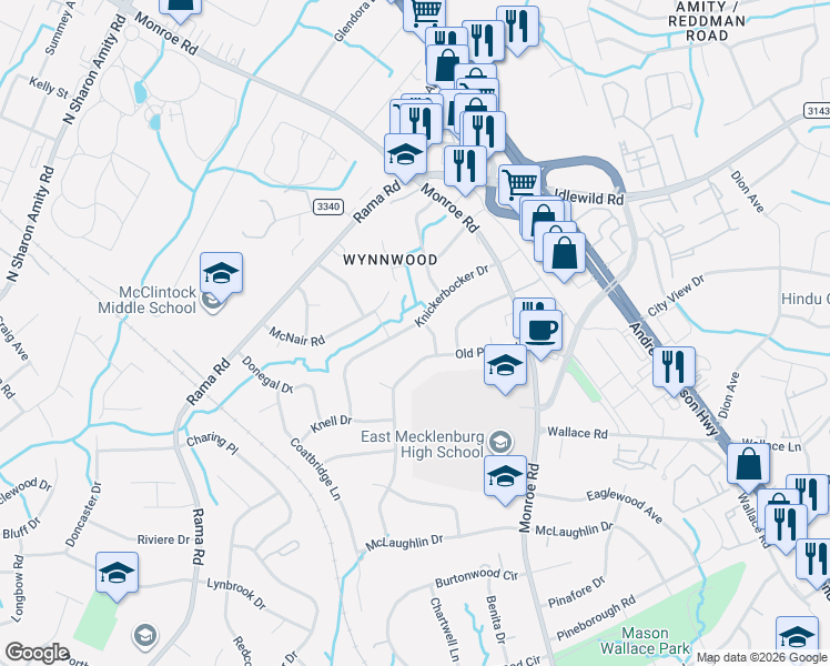 map of restaurants, bars, coffee shops, grocery stores, and more near 2223 Knickerbocker Drive in Charlotte