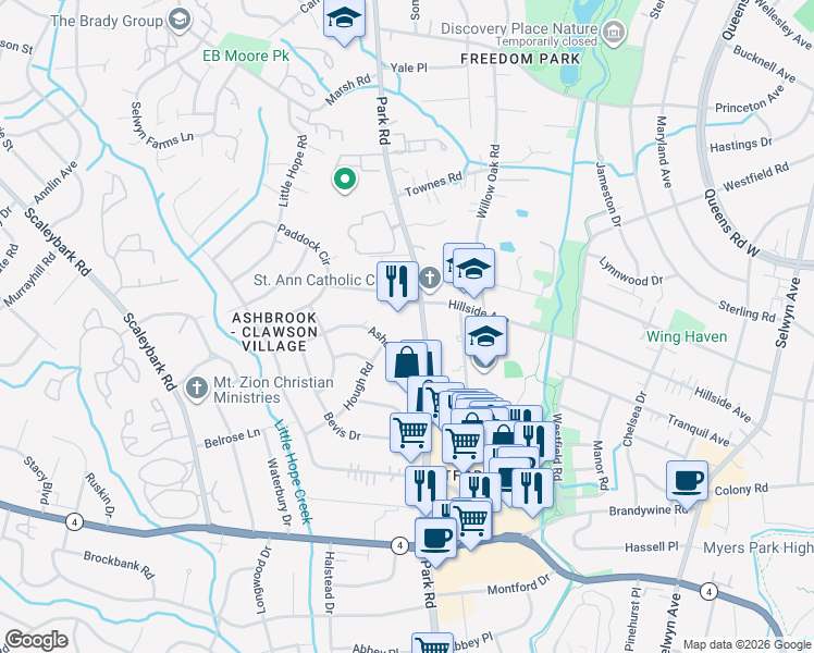 map of restaurants, bars, coffee shops, grocery stores, and more near in Charlotte