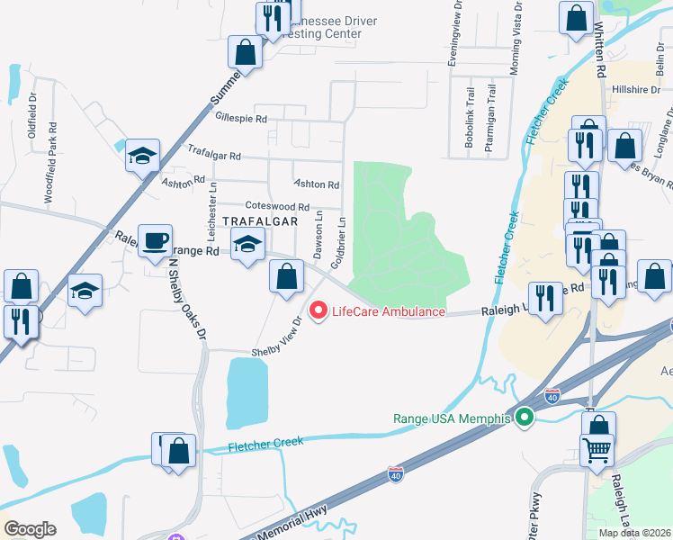 map of restaurants, bars, coffee shops, grocery stores, and more near 1988 Goldbrier Lane in Memphis