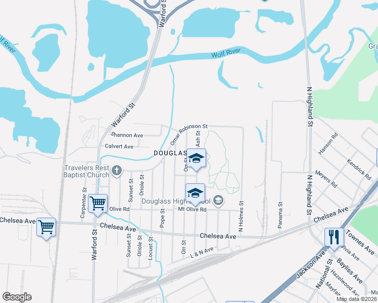 map of restaurants, bars, coffee shops, grocery stores, and more near 1722 Brookins Street in Memphis