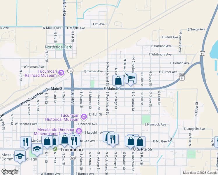 map of restaurants, bars, coffee shops, grocery stores, and more near 601 East Main Street in Tucumcari