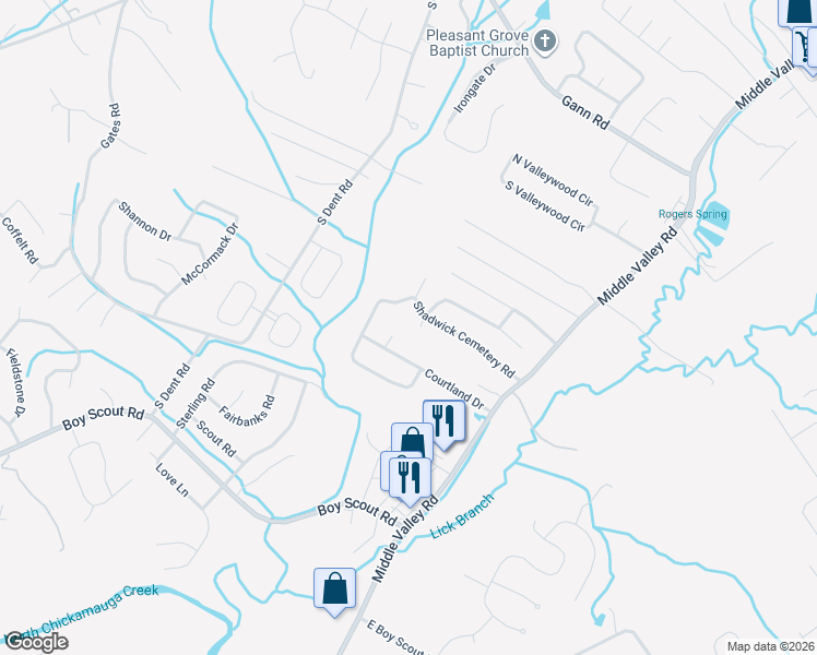 map of restaurants, bars, coffee shops, grocery stores, and more near 1604 Shadwick Cemetery Road in Middle Valley