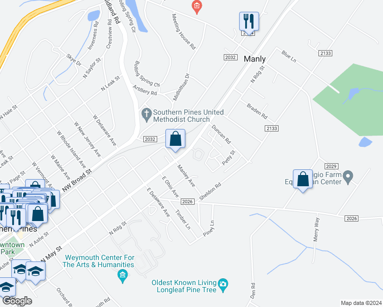 map of restaurants, bars, coffee shops, grocery stores, and more near 199 Pinebranch Court in Southern Pines