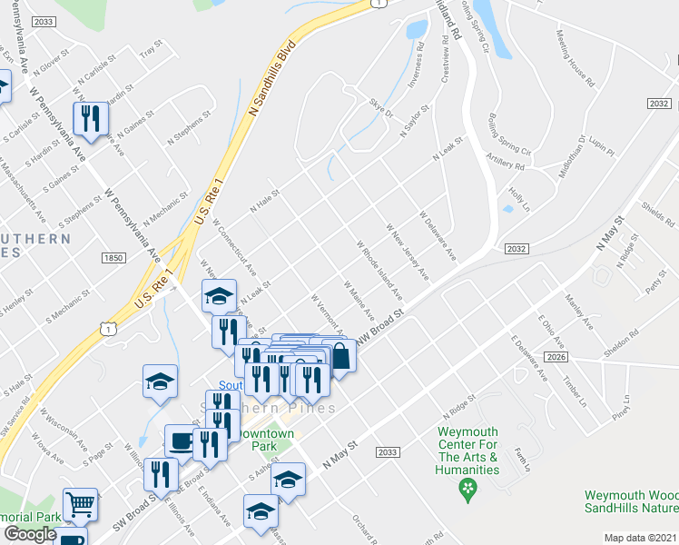map of restaurants, bars, coffee shops, grocery stores, and more near North Page Street in Southern Pines