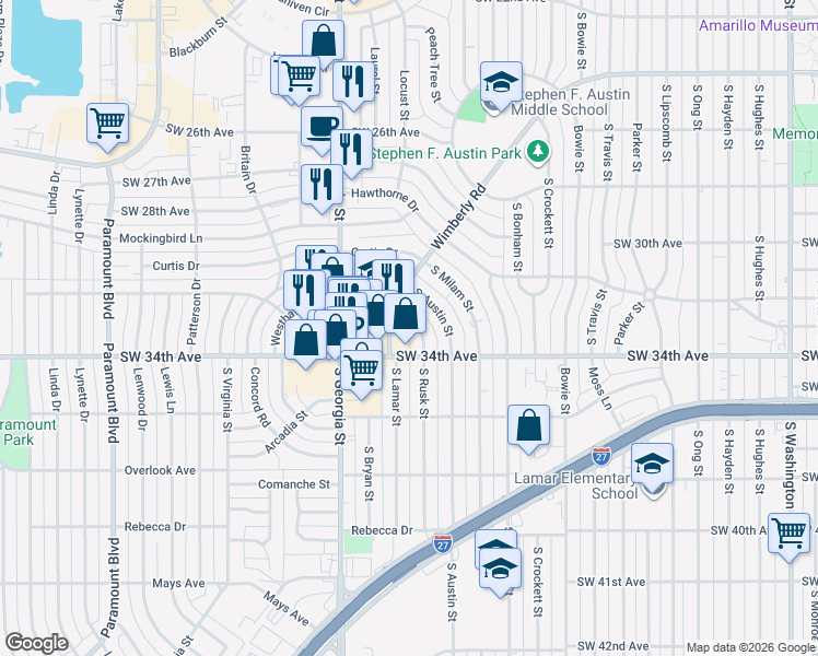 map of restaurants, bars, coffee shops, grocery stores, and more near 3206 South Rusk Street in Amarillo