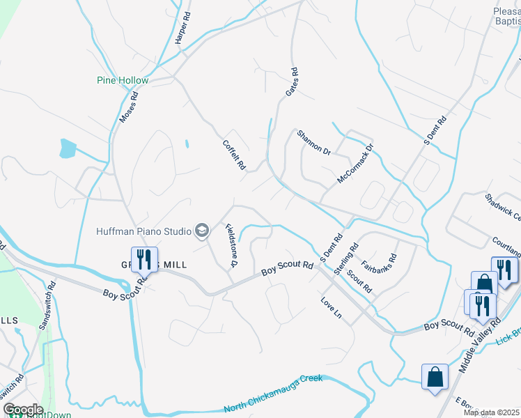 map of restaurants, bars, coffee shops, grocery stores, and more near 7213 Fairington Circle in Middle Valley