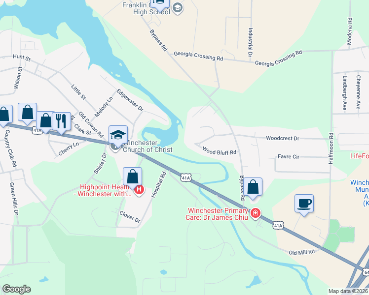 map of restaurants, bars, coffee shops, grocery stores, and more near 186 Wood Bluff Road in Winchester