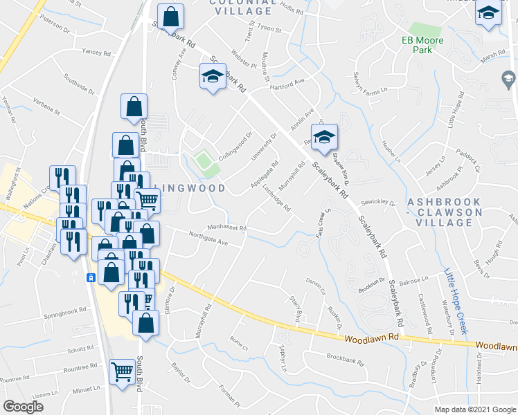 map of restaurants, bars, coffee shops, grocery stores, and more near Murrayhill Rd & Autumn Ct in Charlotte