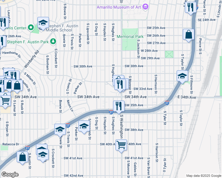 map of restaurants, bars, coffee shops, grocery stores, and more near 1021 Southwest 33rd Avenue in Amarillo