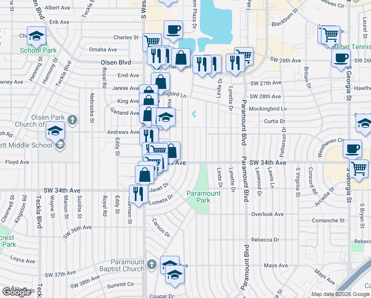 map of restaurants, bars, coffee shops, grocery stores, and more near 3312 Lometa Drive in Amarillo