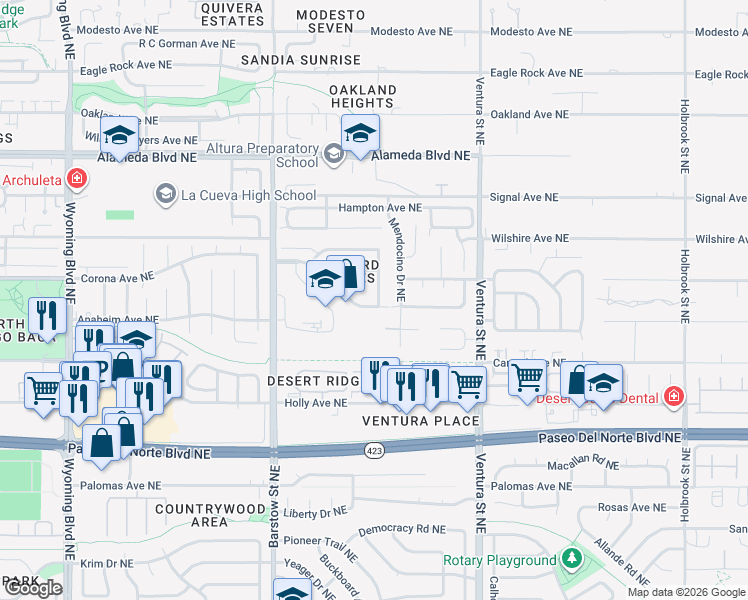 map of restaurants, bars, coffee shops, grocery stores, and more near 8404 Sonoma Valley Drive Northeast in Albuquerque