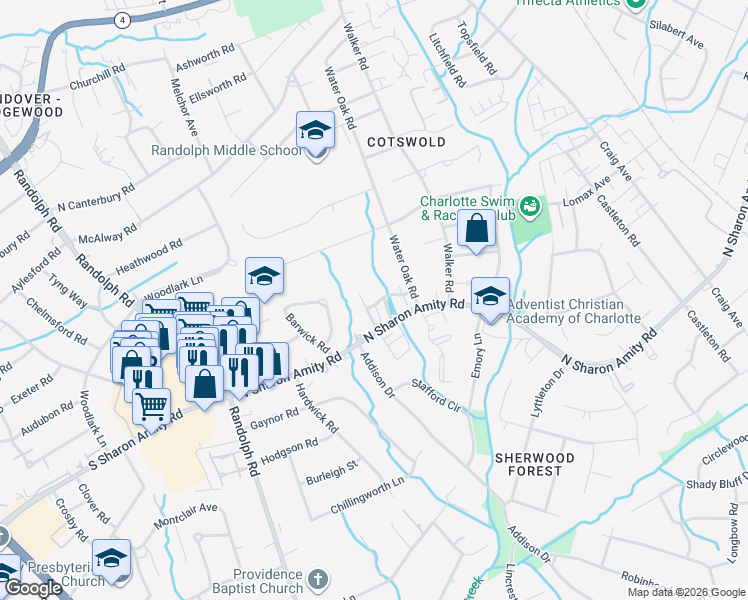 map of restaurants, bars, coffee shops, grocery stores, and more near in Charlotte