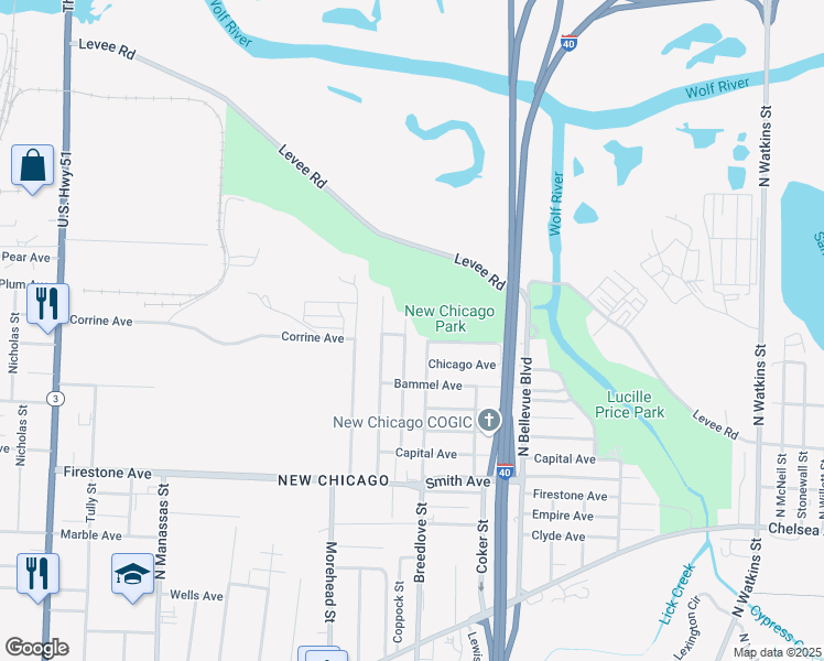 map of restaurants, bars, coffee shops, grocery stores, and more near 1445 Kney Street in Memphis