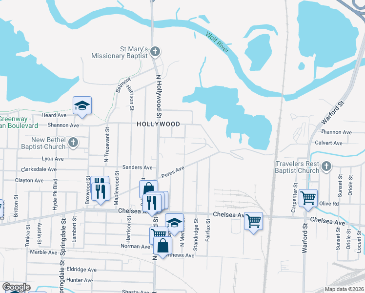 map of restaurants, bars, coffee shops, grocery stores, and more near 1583 North Merton Street in Memphis
