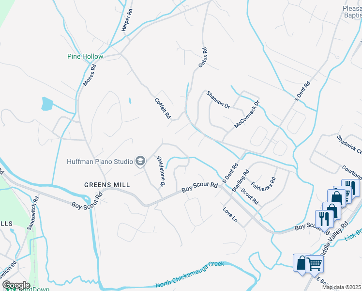 map of restaurants, bars, coffee shops, grocery stores, and more near 7213 Fairington Circle in Middle Valley