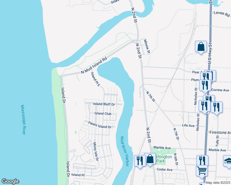 map of restaurants, bars, coffee shops, grocery stores, and more near 1439 Down River Drive in Memphis