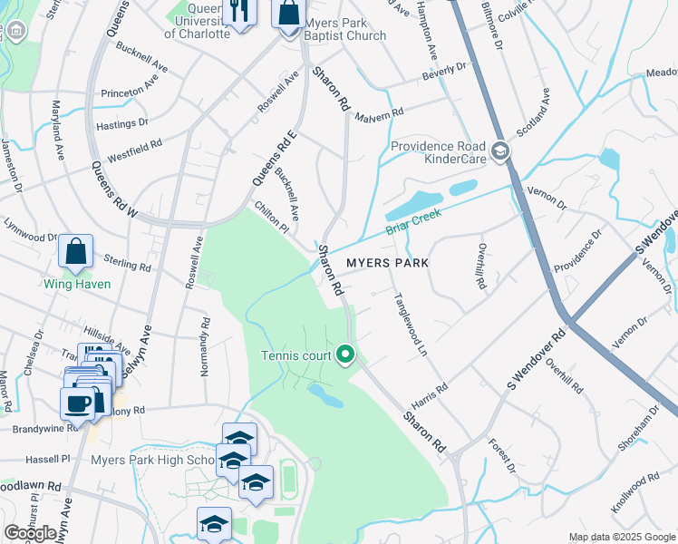 map of restaurants, bars, coffee shops, grocery stores, and more near 2357 Sharon Road in Charlotte