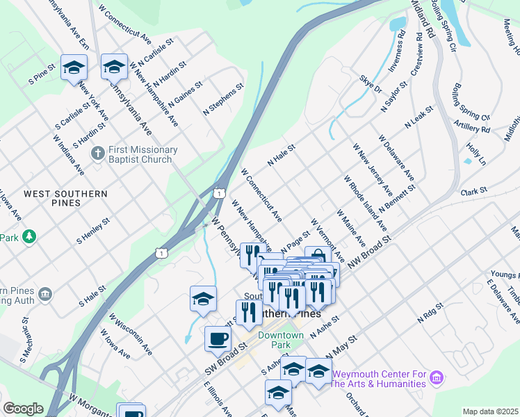 map of restaurants, bars, coffee shops, grocery stores, and more near 281 North Saylor Street in Southern Pines