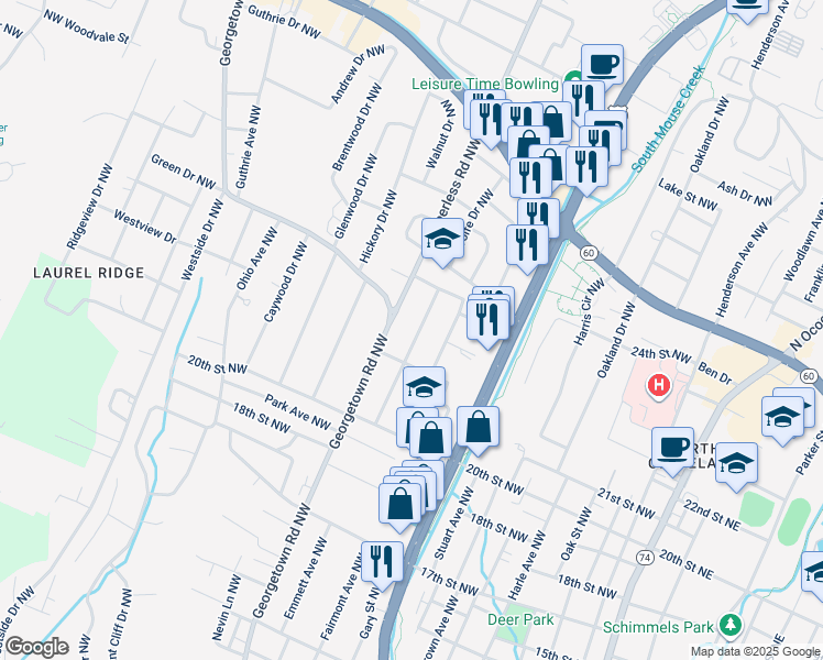map of restaurants, bars, coffee shops, grocery stores, and more near 2107 Eugenia Avenue Northwest in Cleveland