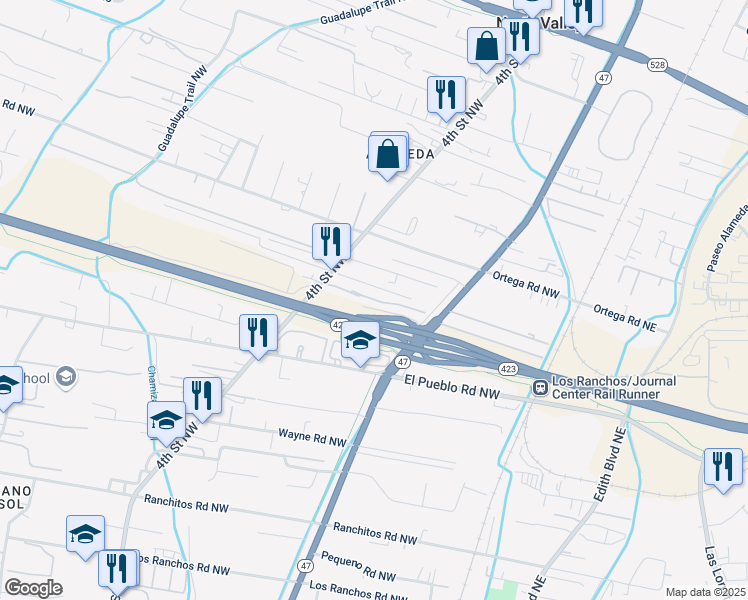 map of restaurants, bars, coffee shops, grocery stores, and more near 8740 4th Street Northwest in Los Ranchos de Albuquerque
