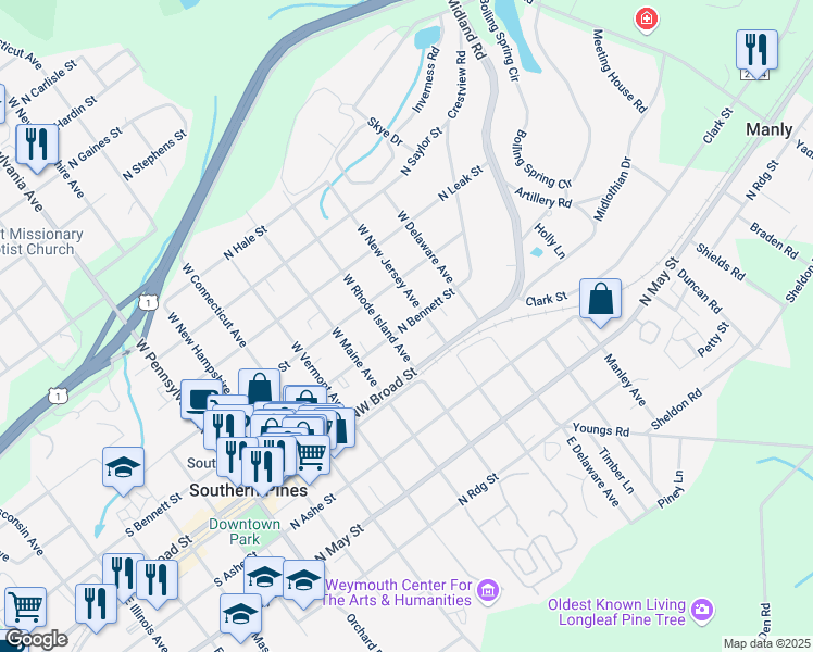 map of restaurants, bars, coffee shops, grocery stores, and more near 635 North Bennett Street in Southern Pines