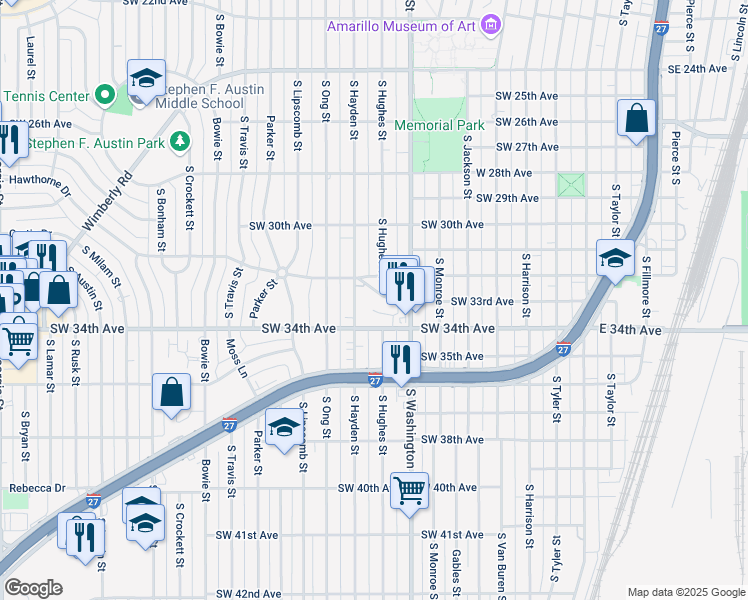 map of restaurants, bars, coffee shops, grocery stores, and more near 1021 Southwest 33rd Avenue in Amarillo