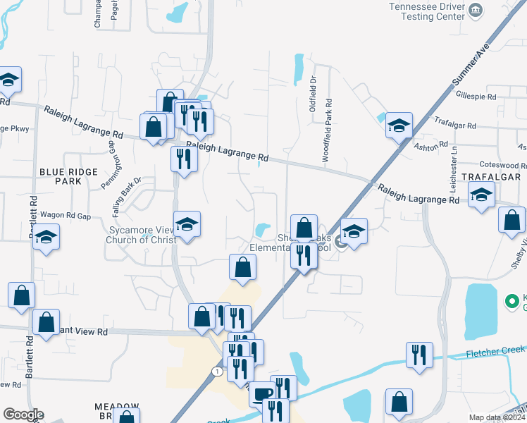 map of restaurants, bars, coffee shops, grocery stores, and more near 1970 Sycamore Heights Lane in Memphis
