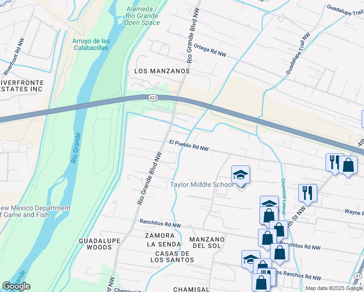 map of restaurants, bars, coffee shops, grocery stores, and more near 1105 El Pueblo Road Northwest in Los Ranchos de Albuquerque