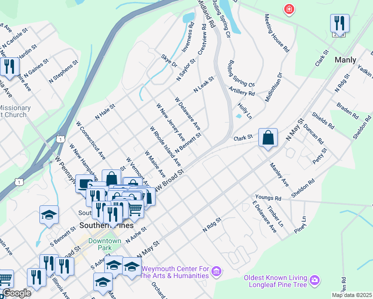 map of restaurants, bars, coffee shops, grocery stores, and more near 190 West New Jersey Avenue in Southern Pines